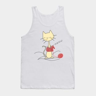 Yellow Knitting Cat - White Tank Top